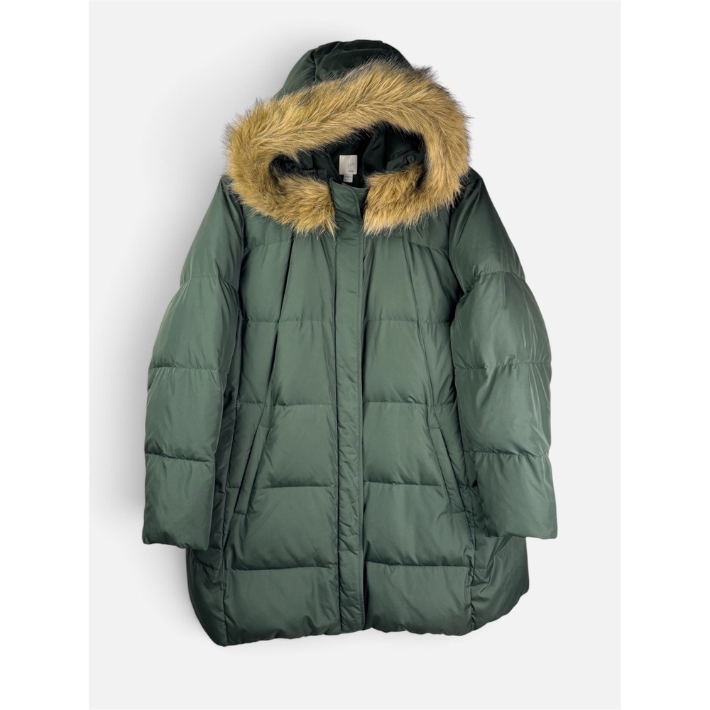 J. Jill Down Puffer Coat Forest Green Faux Fur Hood Long Winter Parka Womens 2X